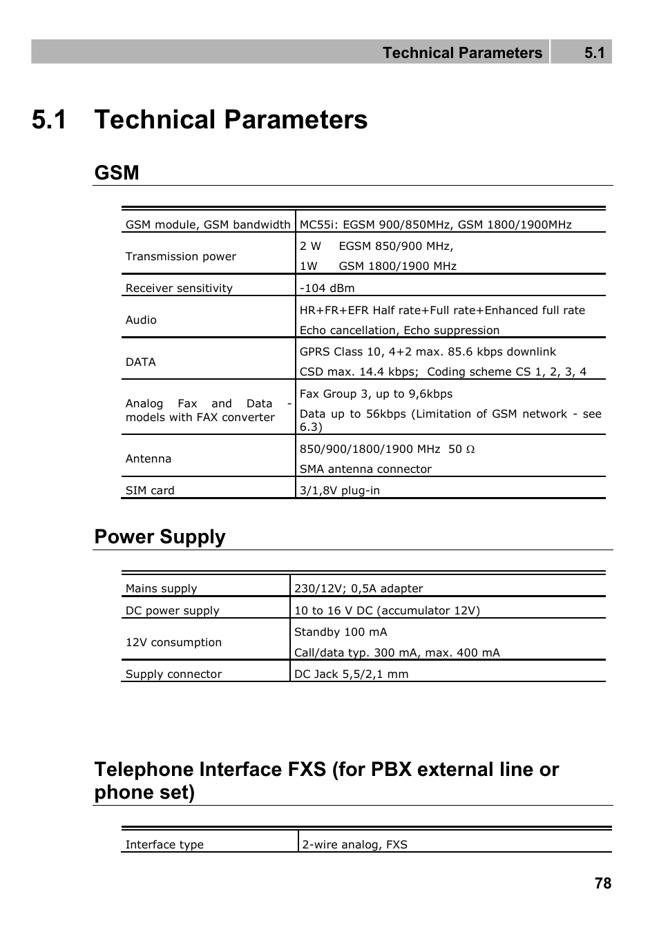 Technical parameters, Power supply, 1 technical parameters | Technical parameters 5.1 | 2N Fixed line replacement with 2N SmartGate - Manual v1.1.2 User Manual | Page 78 / 89