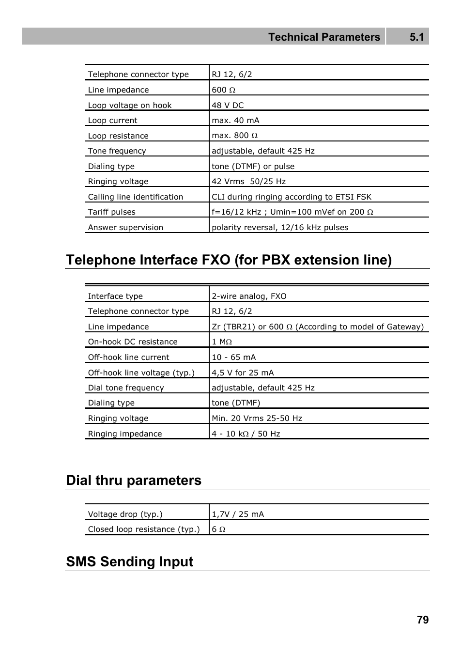 Telephone interface fxo (for pbx extension line), Dial thru parameters, Sms sending input | Technical parameters 5.1 | 2N Fixed line replacement with 2N SmartGate - Manual v1.1.2 User Manual | Page 79 / 89