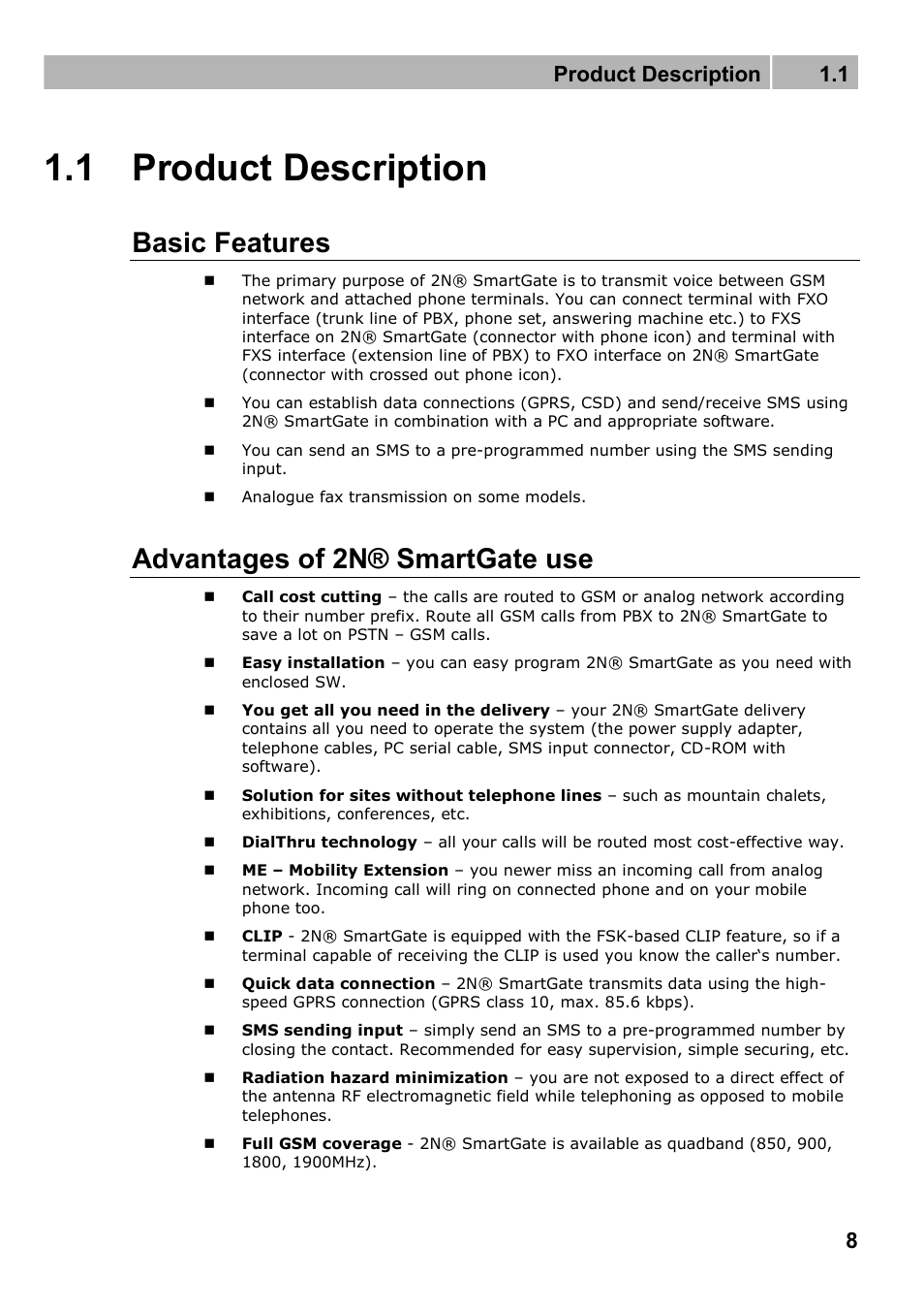 Product description, Basic features, Advantages of 2n® smartgate use | 1 product description, Product description 1.1 | 2N Fixed line replacement with 2N SmartGate - Manual v1.1.2 User Manual | Page 8 / 89