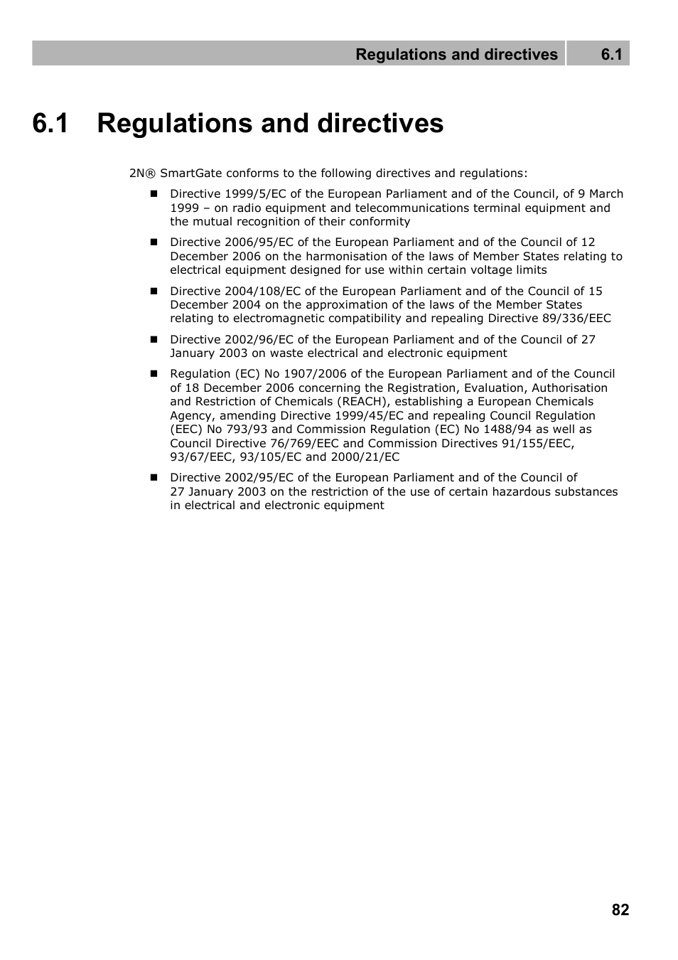 Regulations and directives, 1 regulations and directives, Regulations and directives 6.1 | 2N Fixed line replacement with 2N SmartGate - Manual v1.1.2 User Manual | Page 82 / 89