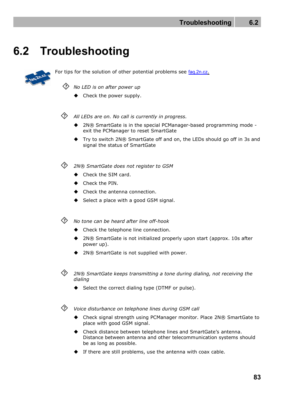 Troubleshooting, 2 troubleshooting | 2N Fixed line replacement with 2N SmartGate - Manual v1.1.2 User Manual | Page 83 / 89