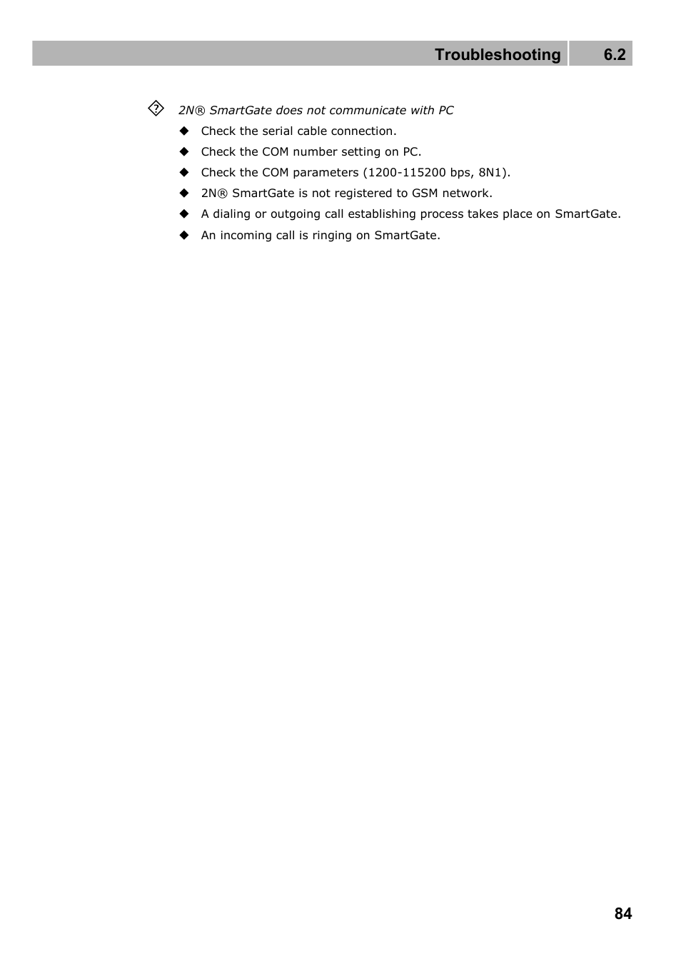 Troubleshooting 6.2 | 2N Fixed line replacement with 2N SmartGate - Manual v1.1.2 User Manual | Page 84 / 89