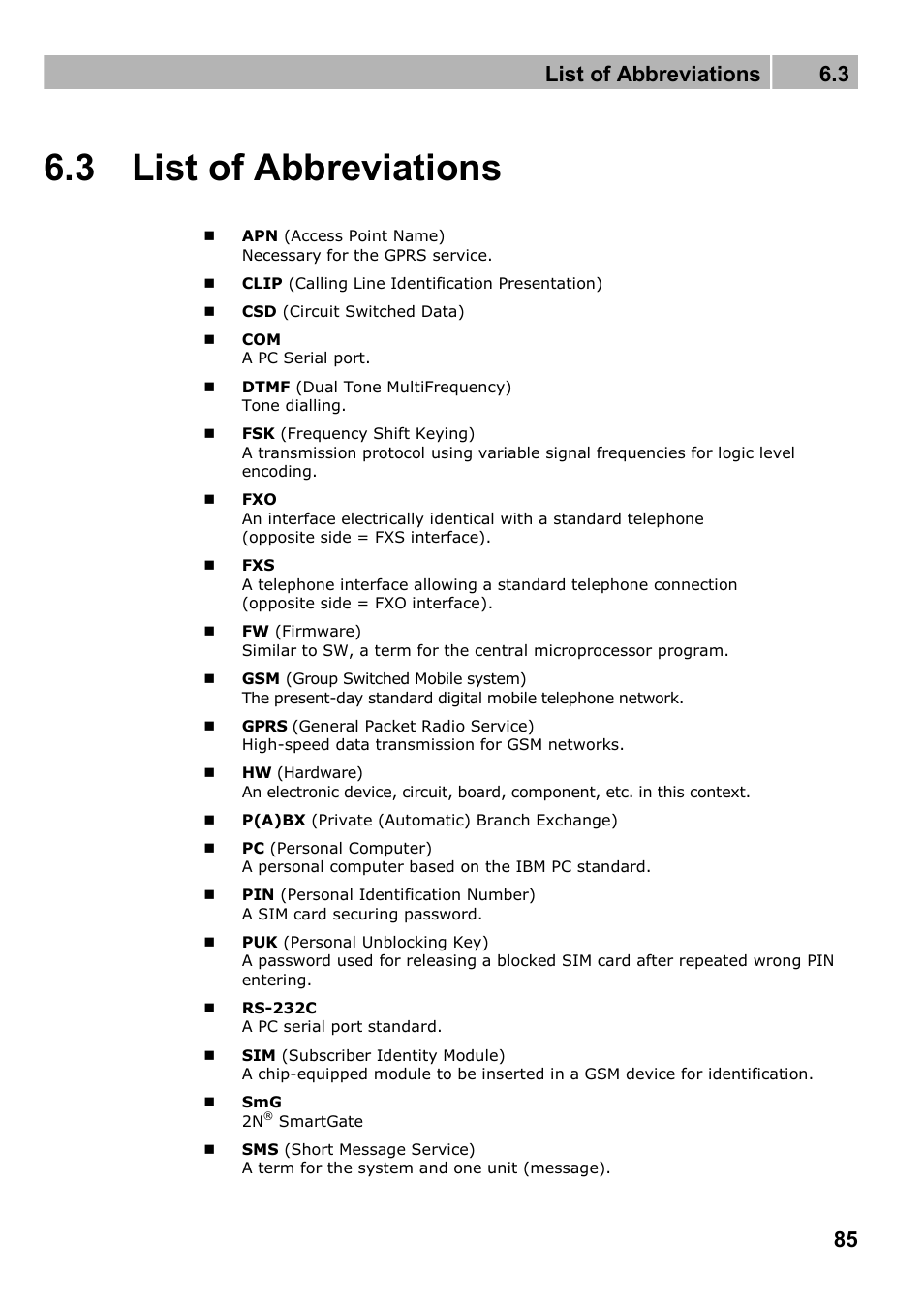 List of abbreviations, 3 list of abbreviations, List of abbreviations 6.3 | 2N Fixed line replacement with 2N SmartGate - Manual v1.1.2 User Manual | Page 85 / 89