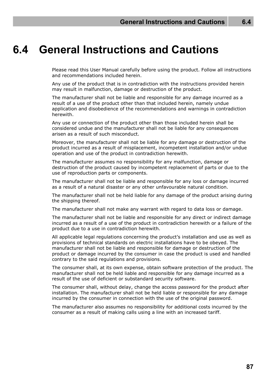 General instructions and cautions, 4 general instructions and cautions, General instructions and cautions 6.4 | 2N Fixed line replacement with 2N SmartGate - Manual v1.1.2 User Manual | Page 87 / 89