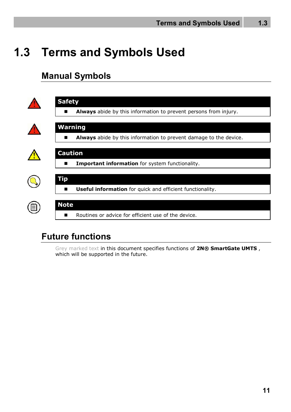 3 terms and symbols used, Manual symbols, Future functions | Terms and symbols used 1.3 | 2N Analogue UMTS gateway 2N SmartGate UMTS - Manual, 1699 v1.1.0 User Manual | Page 11 / 83