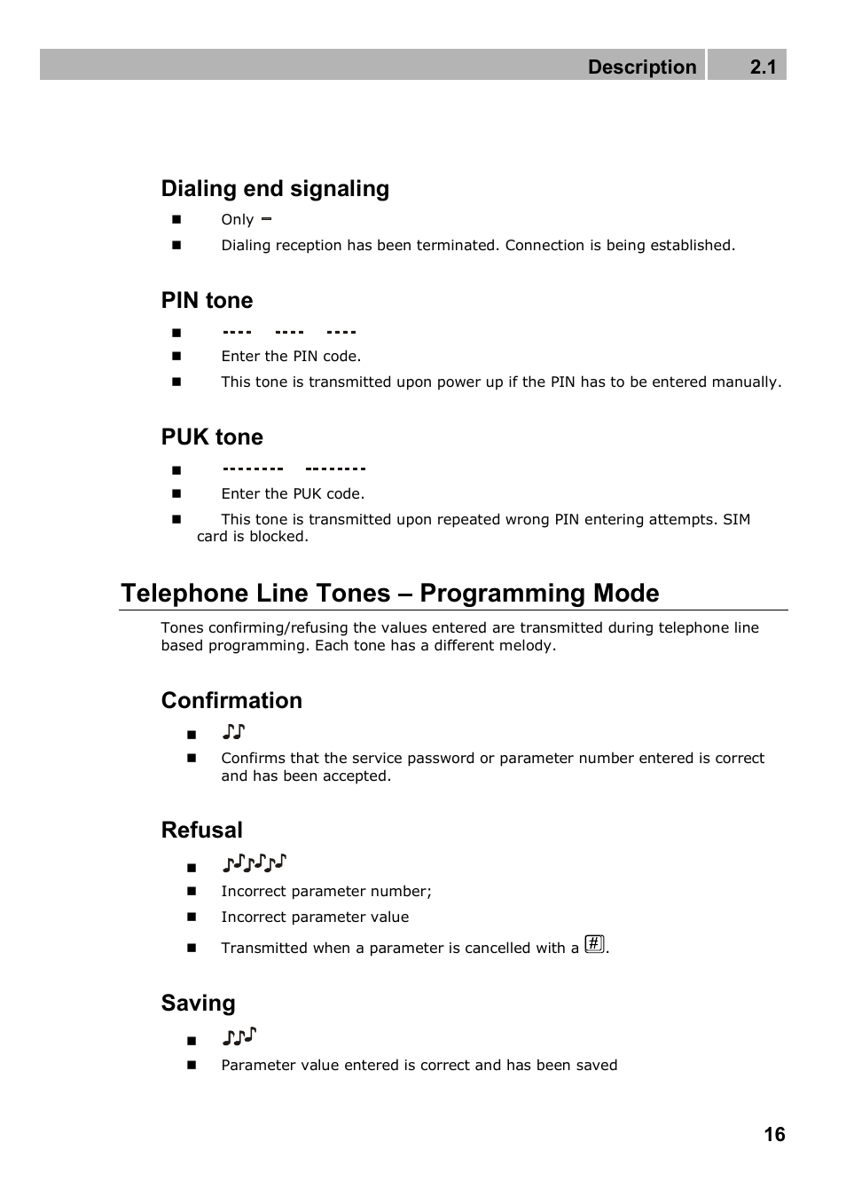 Telephone line tones – programming mode, Dialing end signaling, Pin tone | Puk tone, Confirmation, Refusal, Saving, Description 2.1 | 2N Analogue UMTS gateway 2N SmartGate UMTS - Manual, 1699 v1.1.0 User Manual | Page 16 / 83