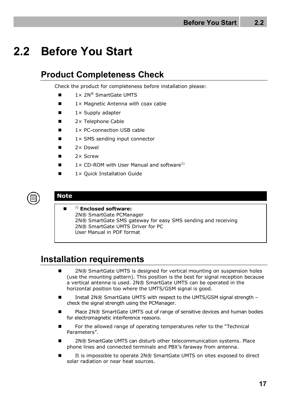 2 before you start, Product completeness check, Installation requirements | Before you start 2.2 | 2N Analogue UMTS gateway 2N SmartGate UMTS - Manual, 1699 v1.1.0 User Manual | Page 17 / 83