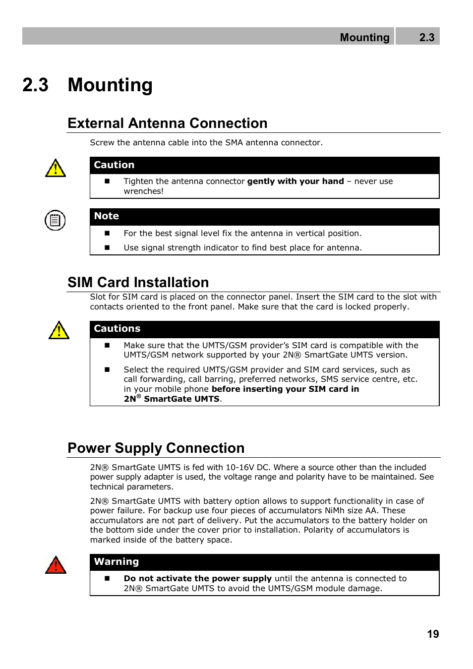 3 mounting, External antenna connection, Sim card installation | Power supply connection, Mounting 2.3 | 2N Analogue UMTS gateway 2N SmartGate UMTS - Manual, 1699 v1.1.0 User Manual | Page 19 / 83