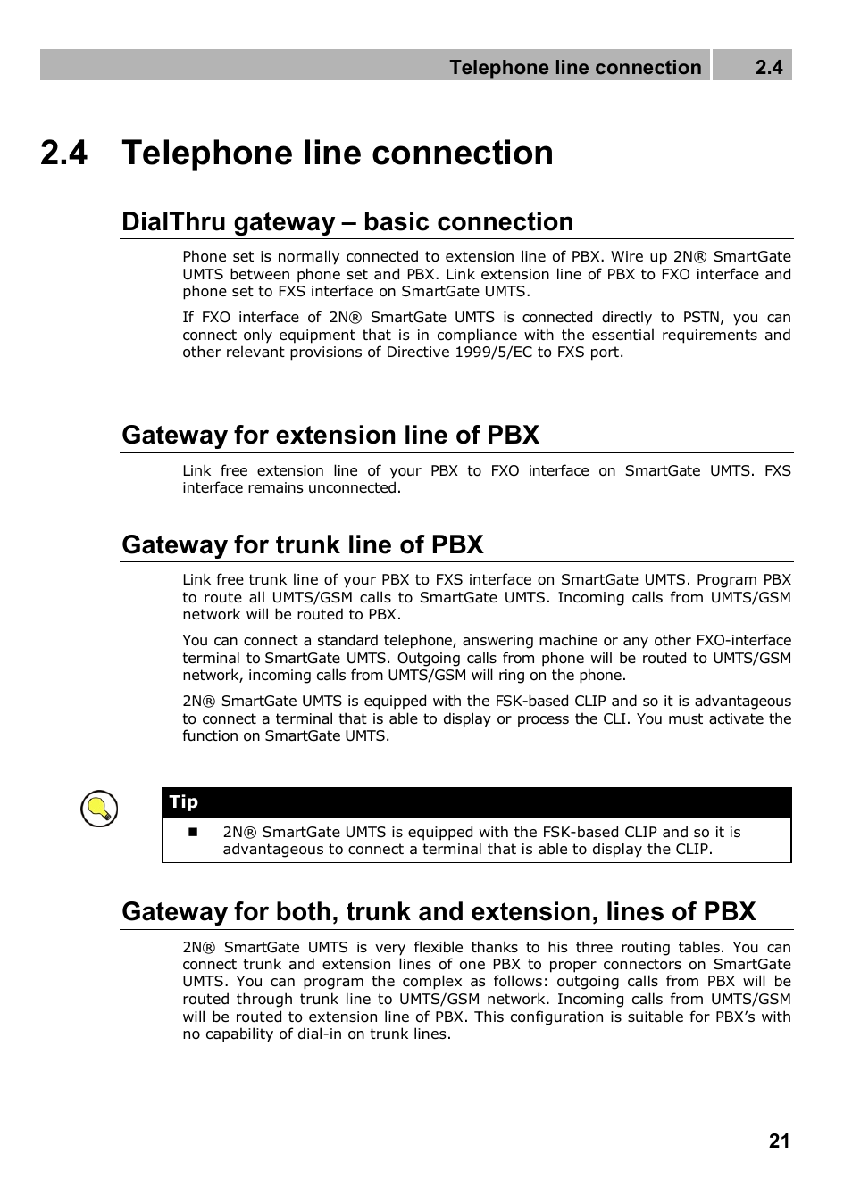 4 telephone line connection, Dialthru gateway – basic connection, Gateway for extension line of pbx | Gateway for trunk line of pbx, Telephone line connection 2.4 | 2N Analogue UMTS gateway 2N SmartGate UMTS - Manual, 1699 v1.1.0 User Manual | Page 21 / 83