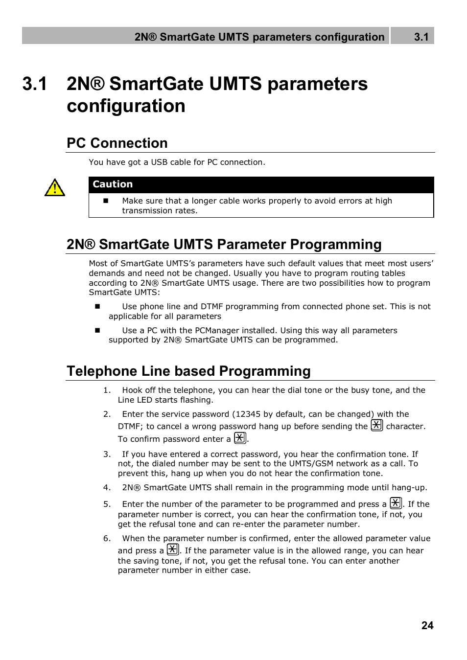 1 2n® smartgate umts parameters configuration, Pc connection, 2n® smartgate umts parameter programming | Telephone line based programming, 2n® smartgate umts parameters configuration 3.1 | 2N Analogue UMTS gateway 2N SmartGate UMTS - Manual, 1699 v1.1.0 User Manual | Page 24 / 83