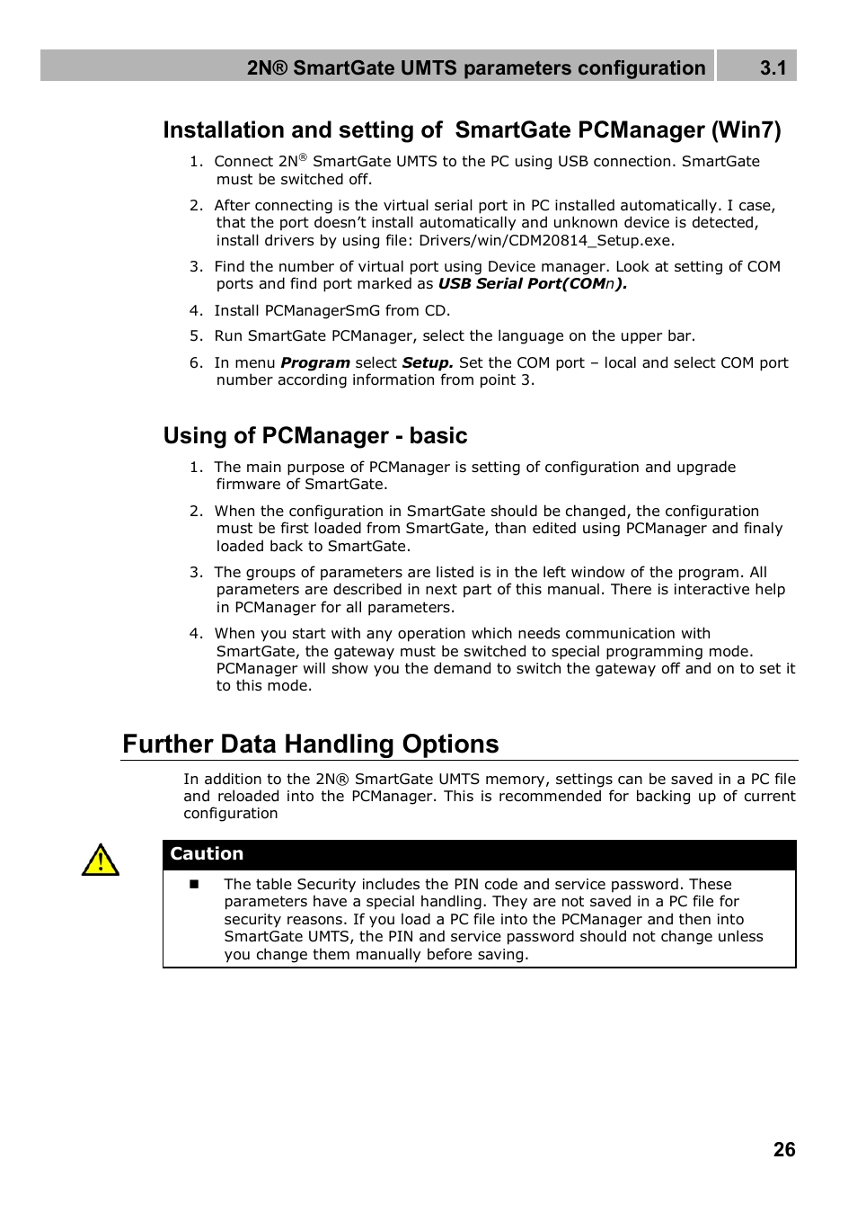 Further data handling options, Using of pcmanager - basic, 2n® smartgate umts parameters configuration 3.1 | 2N Analogue UMTS gateway 2N SmartGate UMTS - Manual, 1699 v1.1.0 User Manual | Page 26 / 83