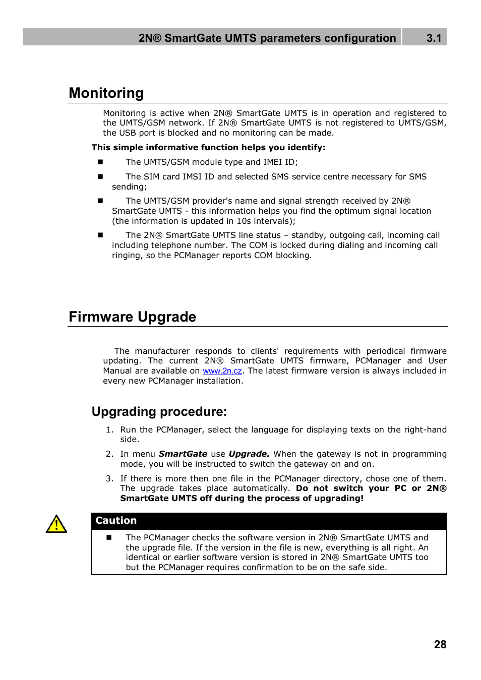 Monitoring, Firmware upgrade, Upgrading procedure | 2n® smartgate umts parameters configuration 3.1 | 2N Analogue UMTS gateway 2N SmartGate UMTS - Manual, 1699 v1.1.0 User Manual | Page 28 / 83