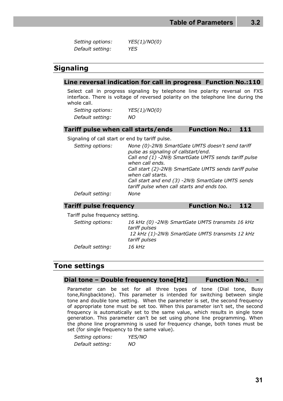 Table of parameters 3.2, Signaling, Tone settings | 2N Analogue UMTS gateway 2N SmartGate UMTS - Manual, 1699 v1.1.0 User Manual | Page 31 / 83