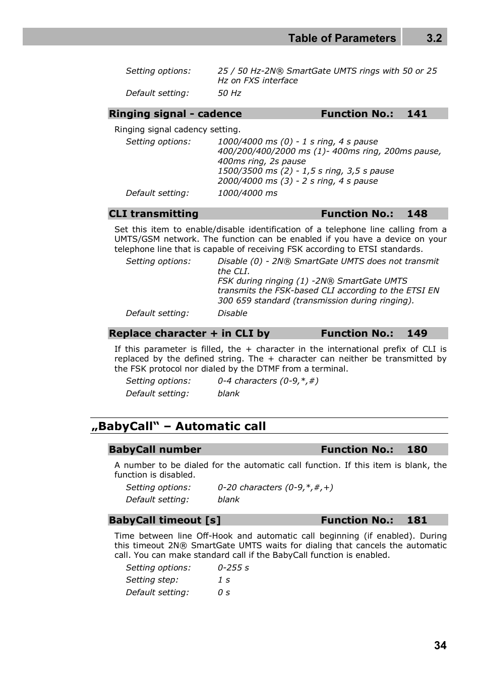 Table of parameters 3.2, Babycall“ – automatic call | 2N Analogue UMTS gateway 2N SmartGate UMTS - Manual, 1699 v1.1.0 User Manual | Page 34 / 83