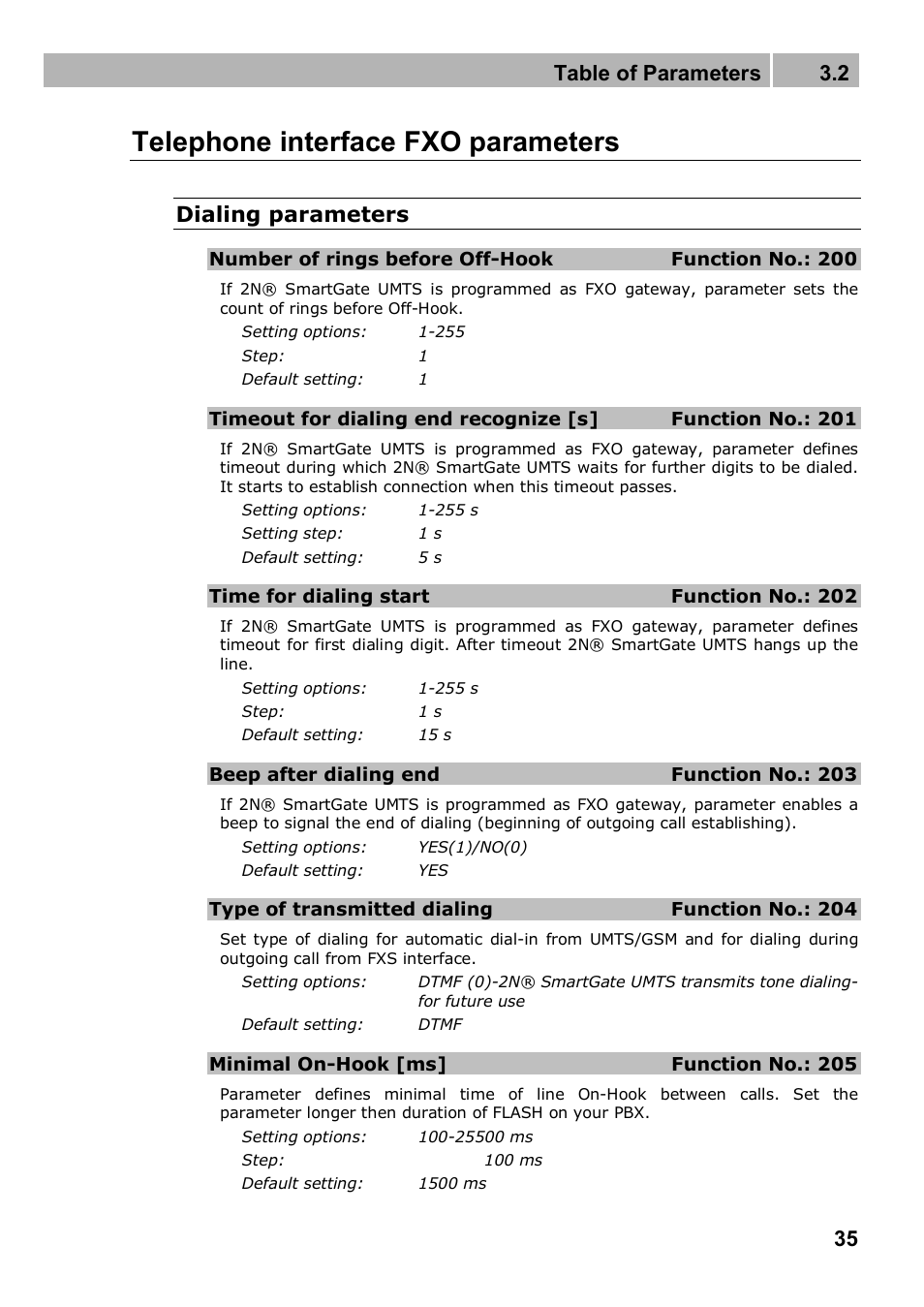 Telephone interface fxo parameters, Table of parameters 3.2, Dialing parameters | 2N Analogue UMTS gateway 2N SmartGate UMTS - Manual, 1699 v1.1.0 User Manual | Page 35 / 83