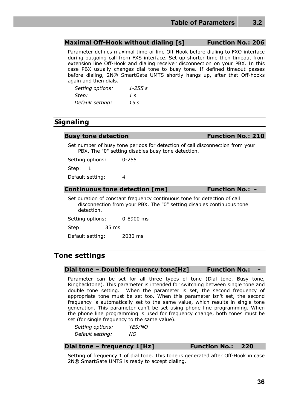 Table of parameters 3.2, Signaling, Tone settings | 2N Analogue UMTS gateway 2N SmartGate UMTS - Manual, 1699 v1.1.0 User Manual | Page 36 / 83