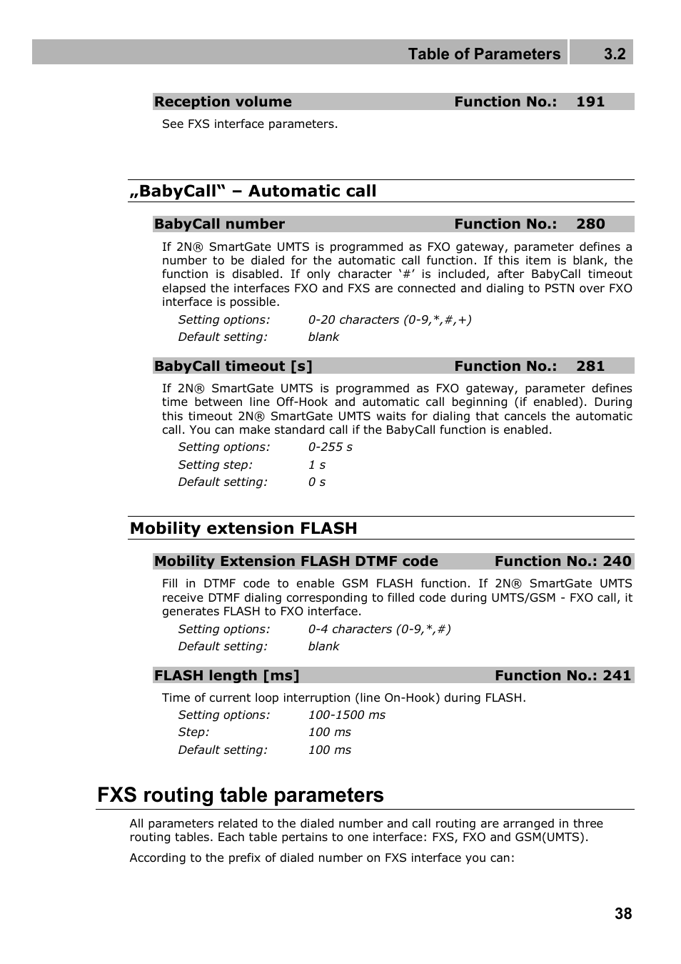 Fxs routing table parameters, Table of parameters 3.2, Babycall“ – automatic call | Mobility extension flash | 2N Analogue UMTS gateway 2N SmartGate UMTS - Manual, 1699 v1.1.0 User Manual | Page 38 / 83