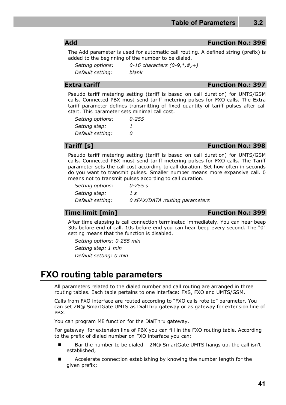 Fxo routing table parameters, Table of parameters 3.2 | 2N Analogue UMTS gateway 2N SmartGate UMTS - Manual, 1699 v1.1.0 User Manual | Page 41 / 83