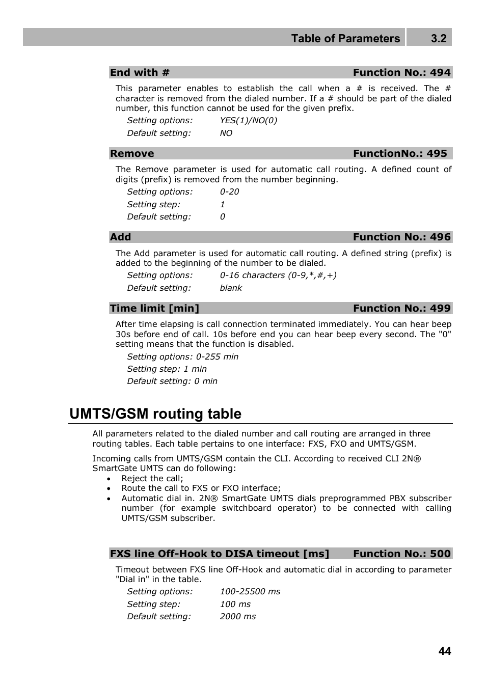 Umts/gsm routing table, Table of parameters 3.2 | 2N Analogue UMTS gateway 2N SmartGate UMTS - Manual, 1699 v1.1.0 User Manual | Page 44 / 83