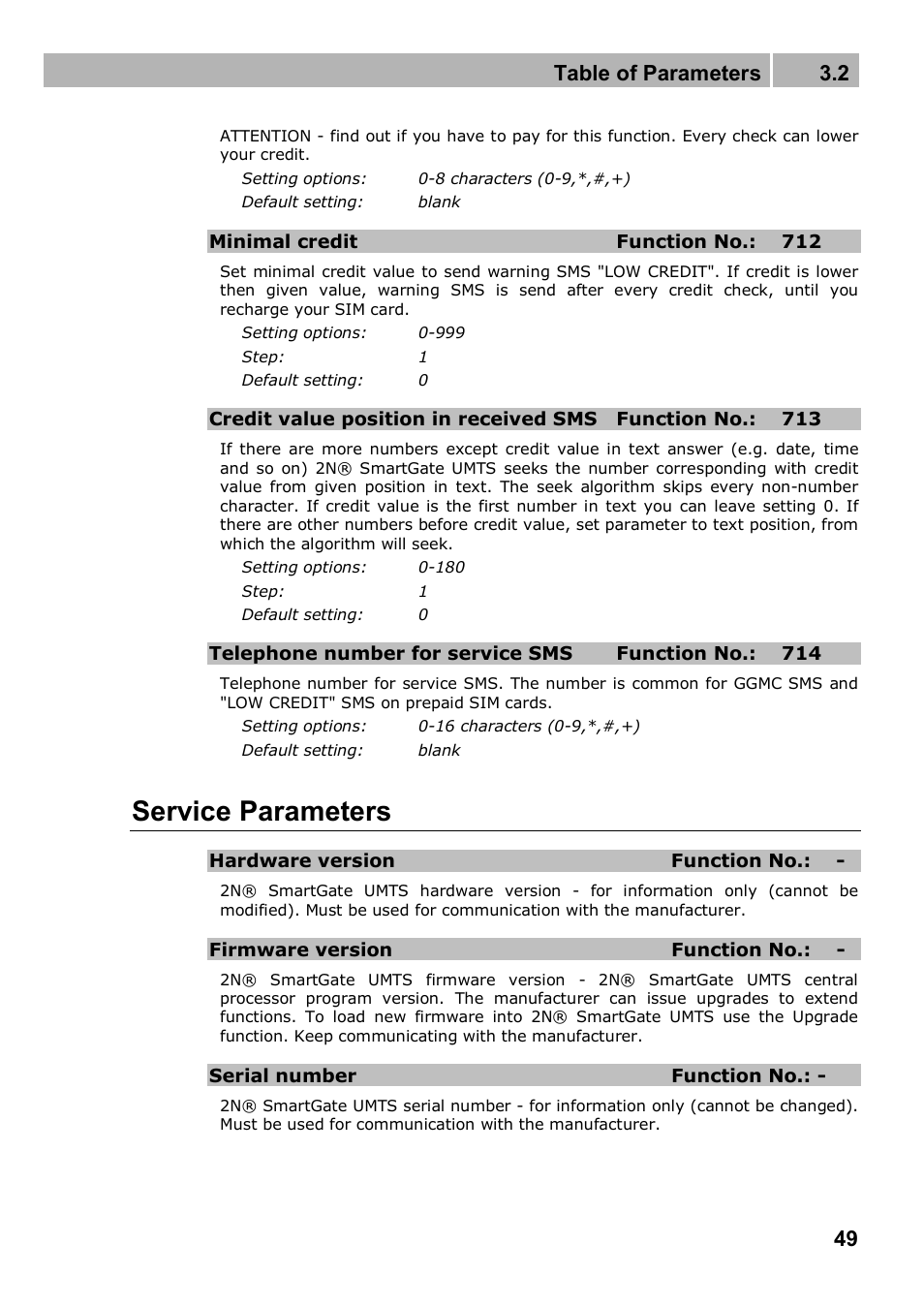 Service parameters, Table of parameters 3.2 | 2N Analogue UMTS gateway 2N SmartGate UMTS - Manual, 1699 v1.1.0 User Manual | Page 49 / 83