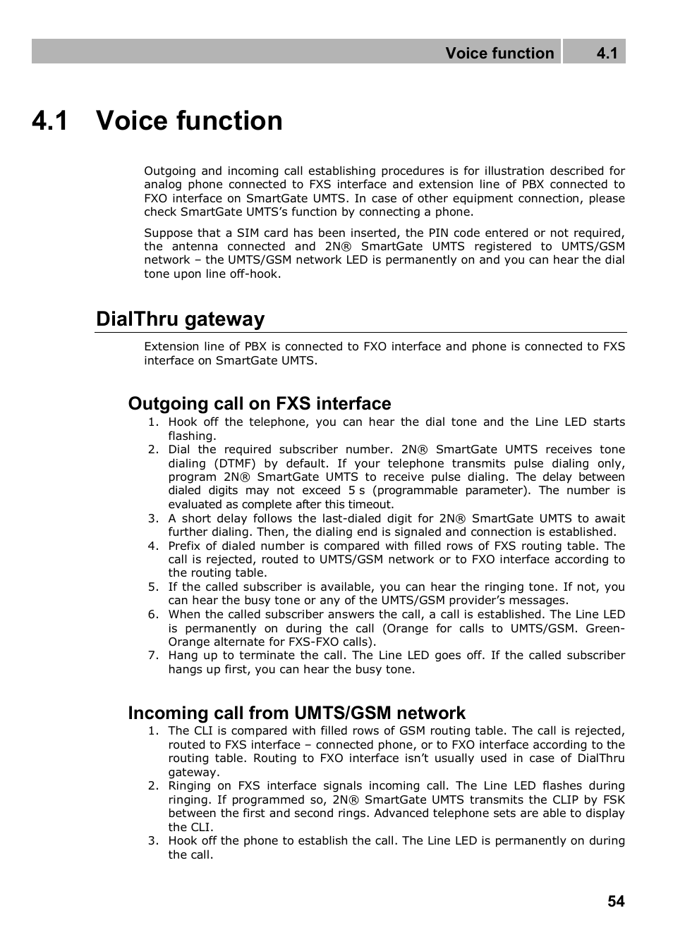 1 voice function, Dialthru gateway, Outgoing call on fxs interface | Incoming call from umts/gsm network, Voice function 4.1 | 2N Analogue UMTS gateway 2N SmartGate UMTS - Manual, 1699 v1.1.0 User Manual | Page 54 / 83