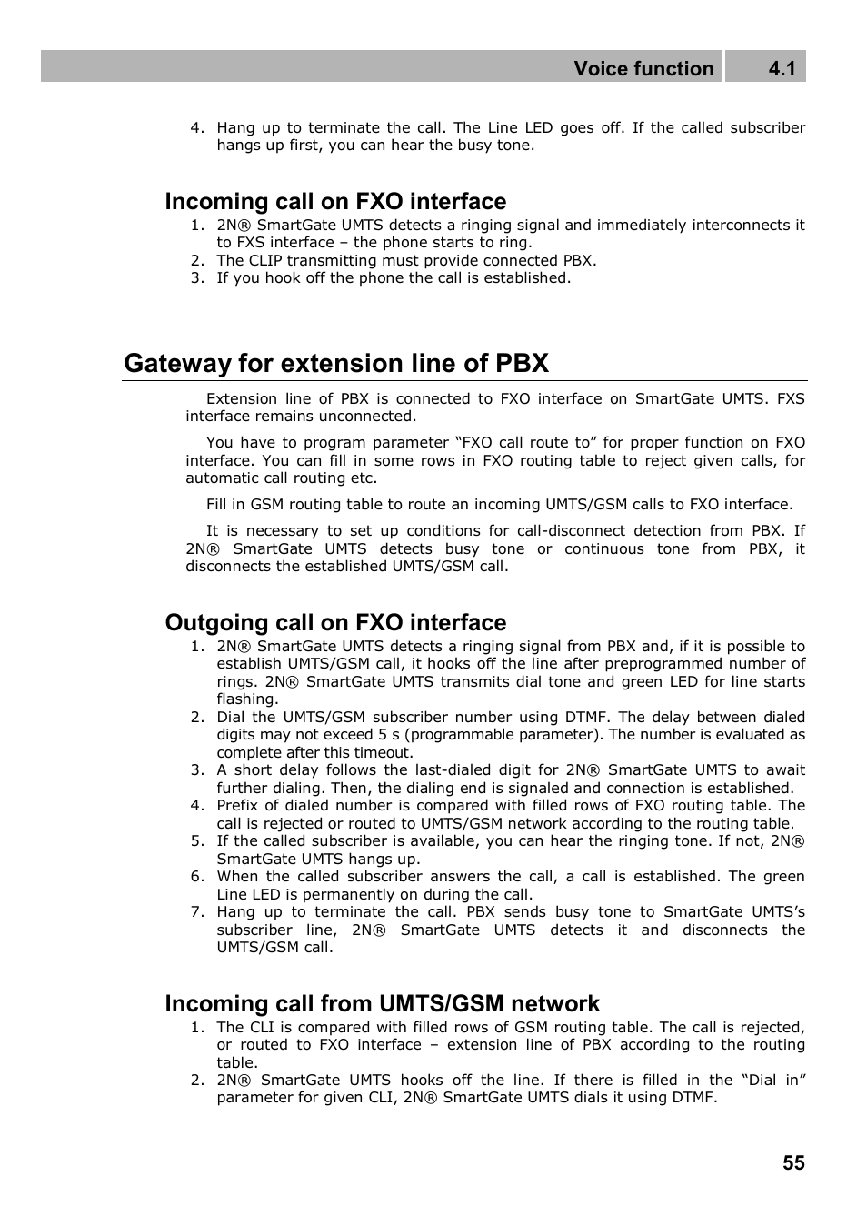 Gateway for extension line of pbx, Incoming call on fxo interface, Outgoing call on fxo interface | Incoming call from umts/gsm network, Voice function 4.1 | 2N Analogue UMTS gateway 2N SmartGate UMTS - Manual, 1699 v1.1.0 User Manual | Page 55 / 83