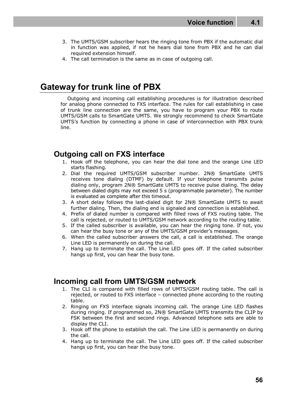 Gateway for trunk line of pbx, Outgoing call on fxs interface, Incoming call from umts/gsm network | Voice function 4.1 | 2N Analogue UMTS gateway 2N SmartGate UMTS - Manual, 1699 v1.1.0 User Manual | Page 56 / 83