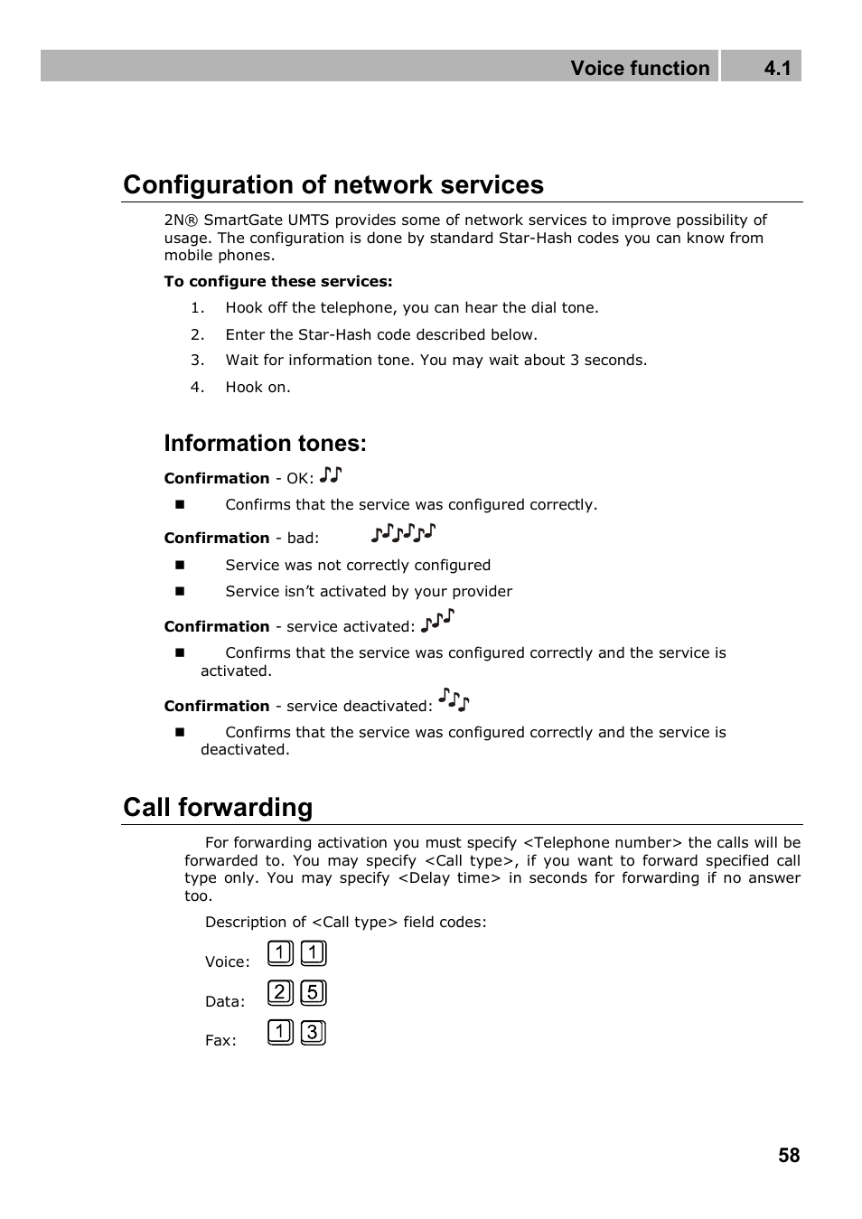 Configuration of network services, Call forwarding, Information tones | Voice function 4.1 | 2N Analogue UMTS gateway 2N SmartGate UMTS - Manual, 1699 v1.1.0 User Manual | Page 58 / 83