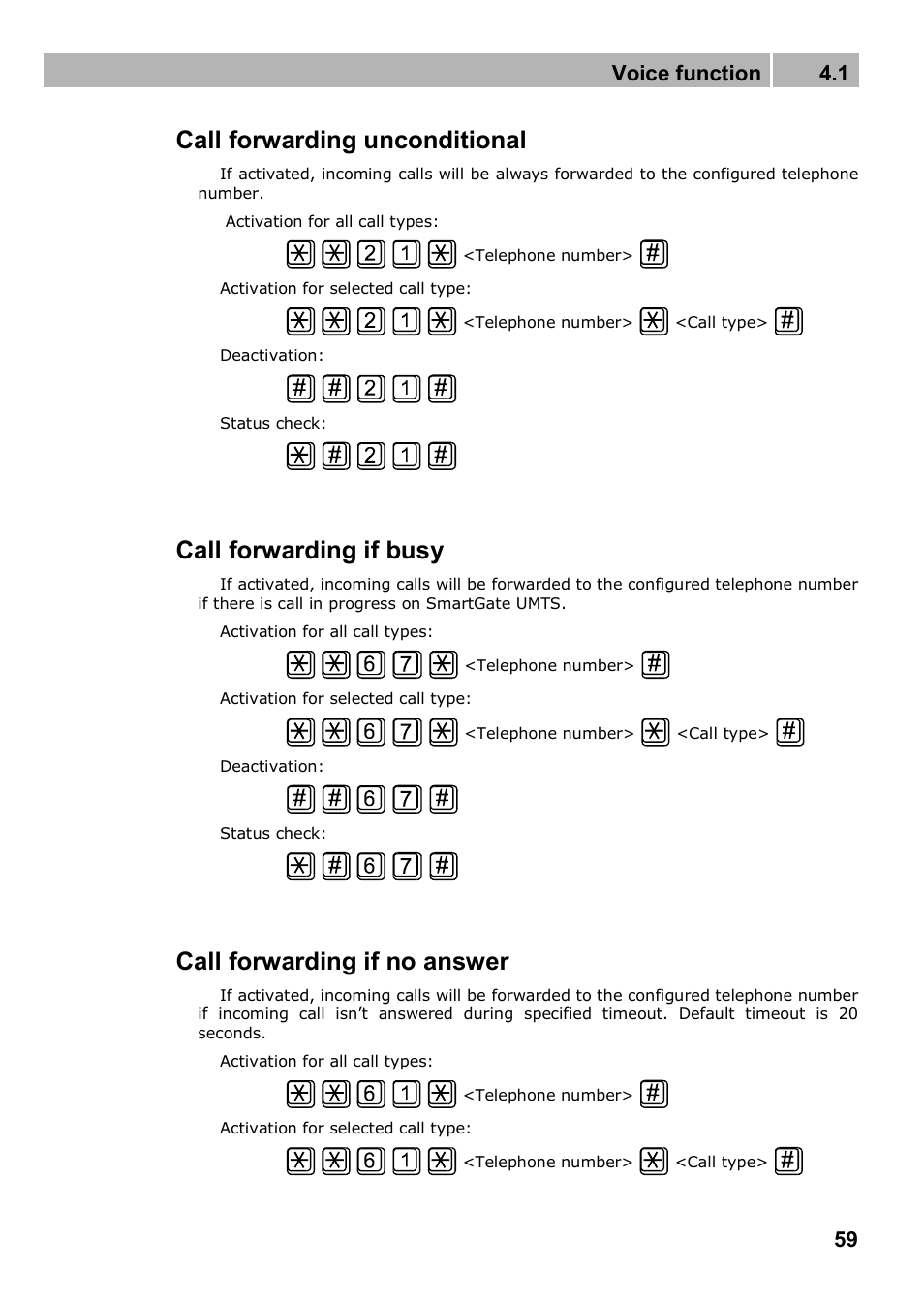 Call forwarding unconditional, Call forwarding if busy, Call forwarding if no answer | Voice function 4.1 | 2N Analogue UMTS gateway 2N SmartGate UMTS - Manual, 1699 v1.1.0 User Manual | Page 59 / 83