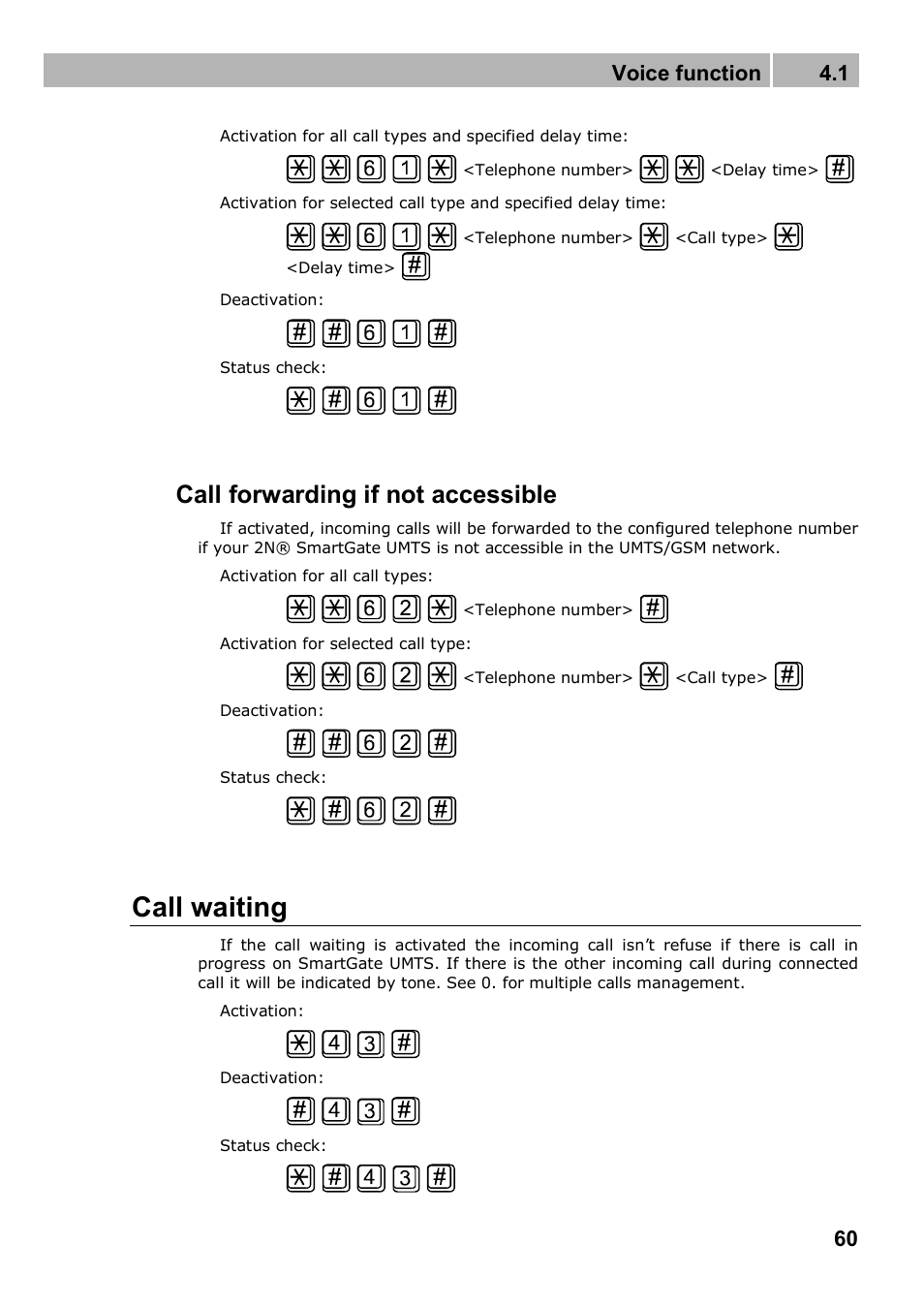 Call waiting, Call forwarding if not accessible, Voice function 4.1 | 2N Analogue UMTS gateway 2N SmartGate UMTS - Manual, 1699 v1.1.0 User Manual | Page 60 / 83