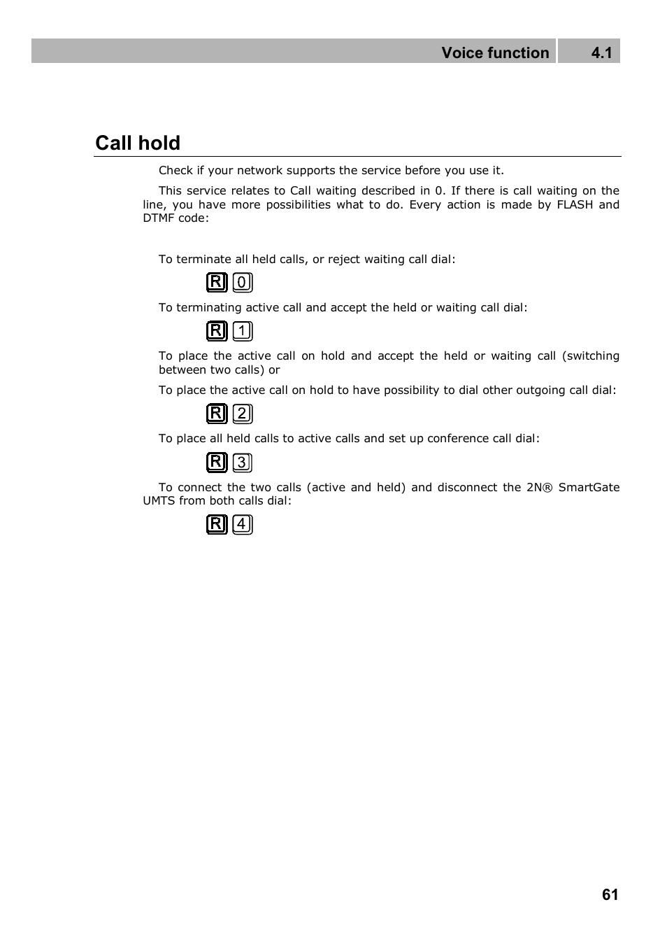 Call hold, Voice function 4.1 | 2N Analogue UMTS gateway 2N SmartGate UMTS - Manual, 1699 v1.1.0 User Manual | Page 61 / 83