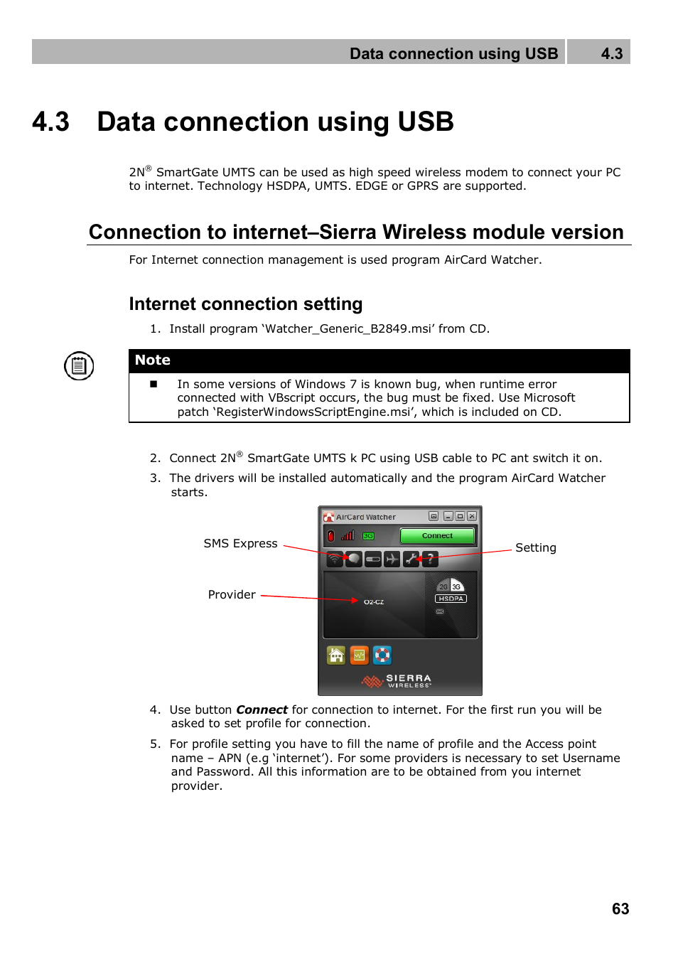 3 data connection using usb, Internet connection setting, Data connection using usb 4.3 | 2N Analogue UMTS gateway 2N SmartGate UMTS - Manual, 1699 v1.1.0 User Manual | Page 63 / 83