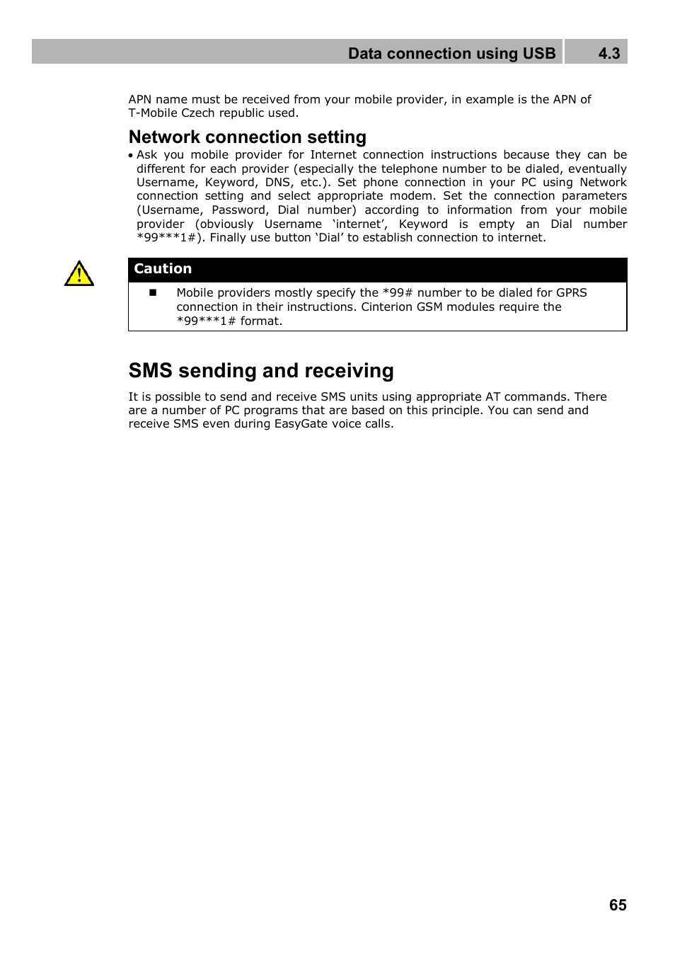 Sms sending and receiving, Network connection setting, Data connection using usb 4.3 | 2N Analogue UMTS gateway 2N SmartGate UMTS - Manual, 1699 v1.1.0 User Manual | Page 65 / 83
