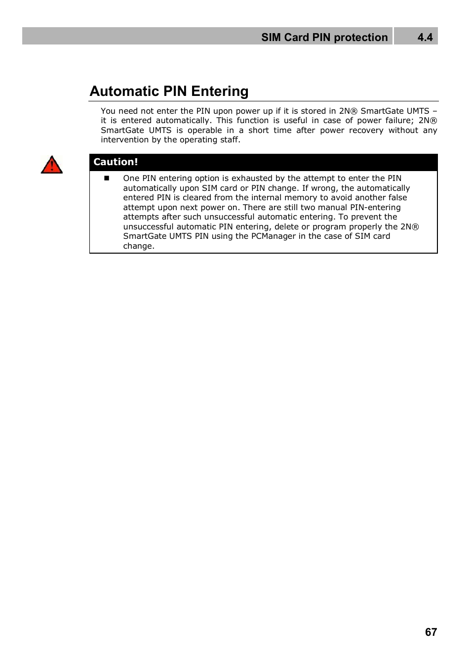 Automatic pin entering, Sim card pin protection 4.4 | 2N Analogue UMTS gateway 2N SmartGate UMTS - Manual, 1699 v1.1.0 User Manual | Page 67 / 83