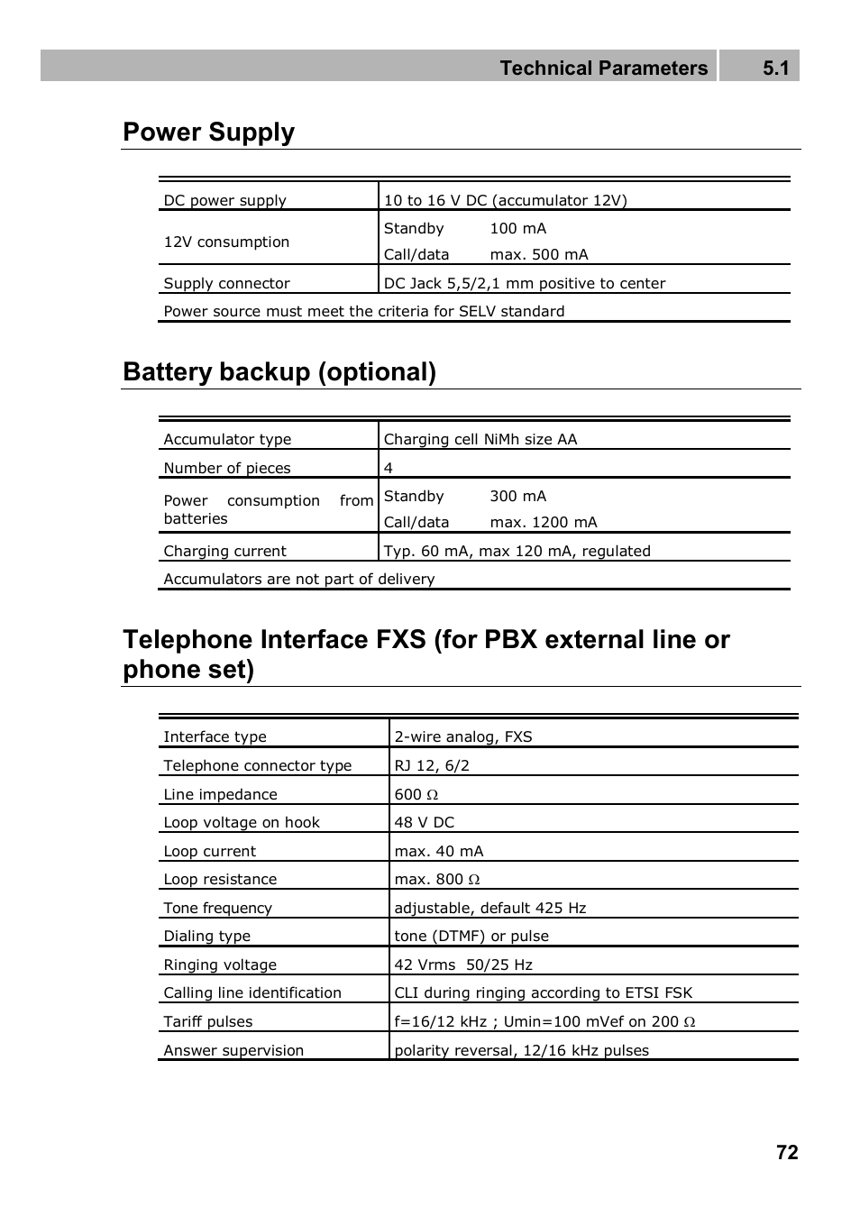 Power supply, Battery backup (optional), Technical parameters 5.1 | 2N Analogue UMTS gateway 2N SmartGate UMTS - Manual, 1699 v1.1.0 User Manual | Page 72 / 83
