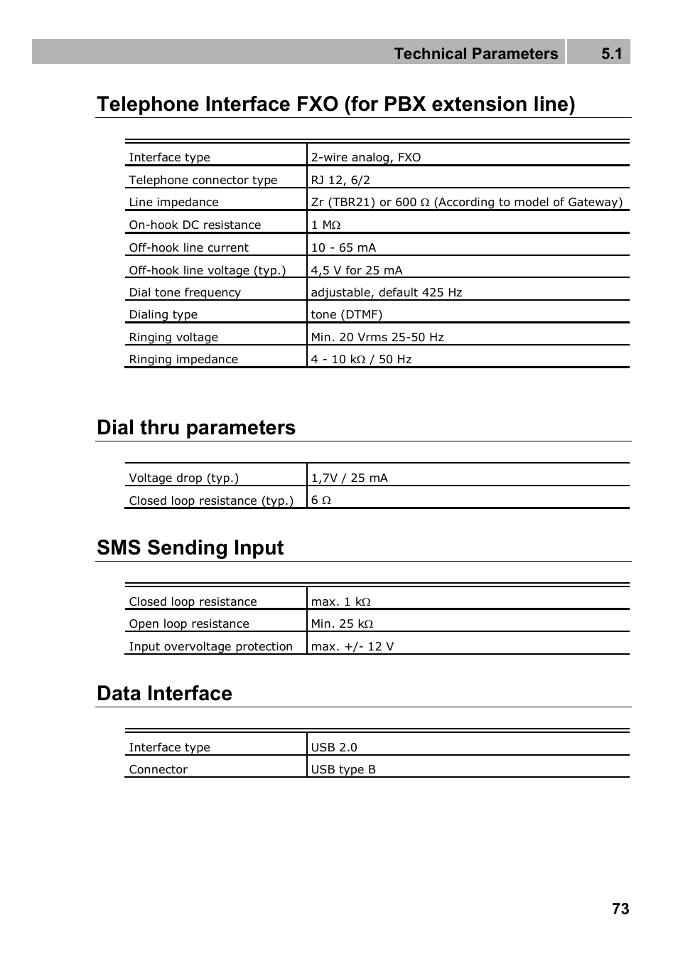 Telephone interface fxo (for pbx extension line), Dial thru parameters, Sms sending input | Data interface, Technical parameters 5.1 | 2N Analogue UMTS gateway 2N SmartGate UMTS - Manual, 1699 v1.1.0 User Manual | Page 73 / 83