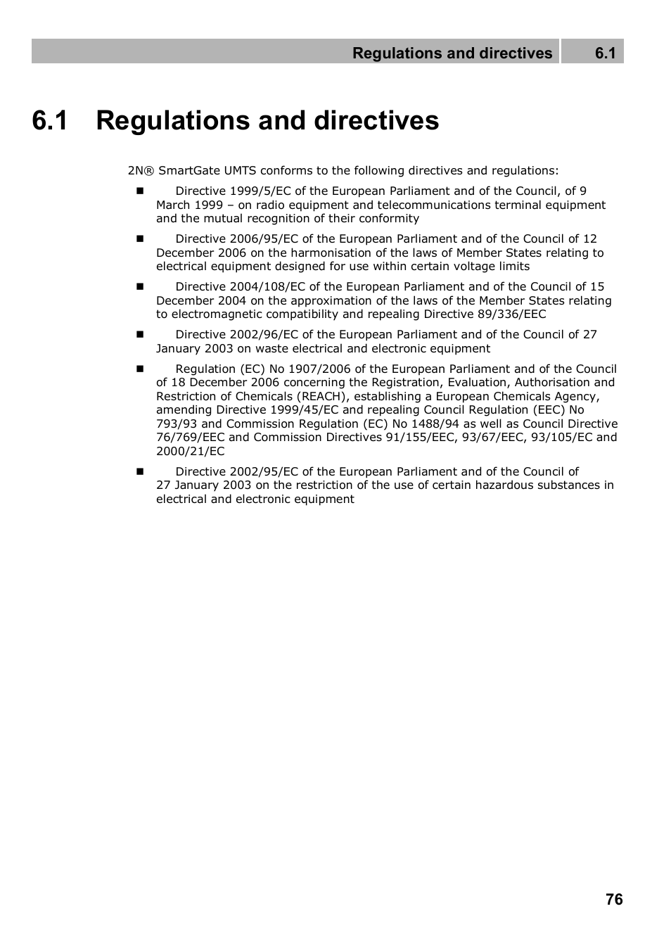 1 regulations and directives, Regulations and directives 6.1 | 2N Analogue UMTS gateway 2N SmartGate UMTS - Manual, 1699 v1.1.0 User Manual | Page 76 / 83