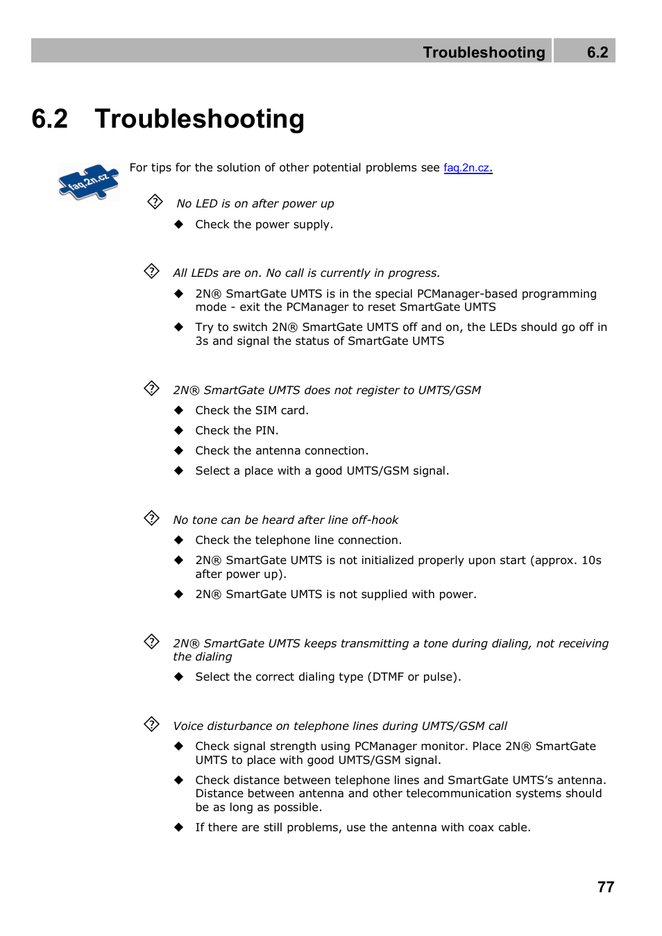 2 troubleshooting | 2N Analogue UMTS gateway 2N SmartGate UMTS - Manual, 1699 v1.1.0 User Manual | Page 77 / 83