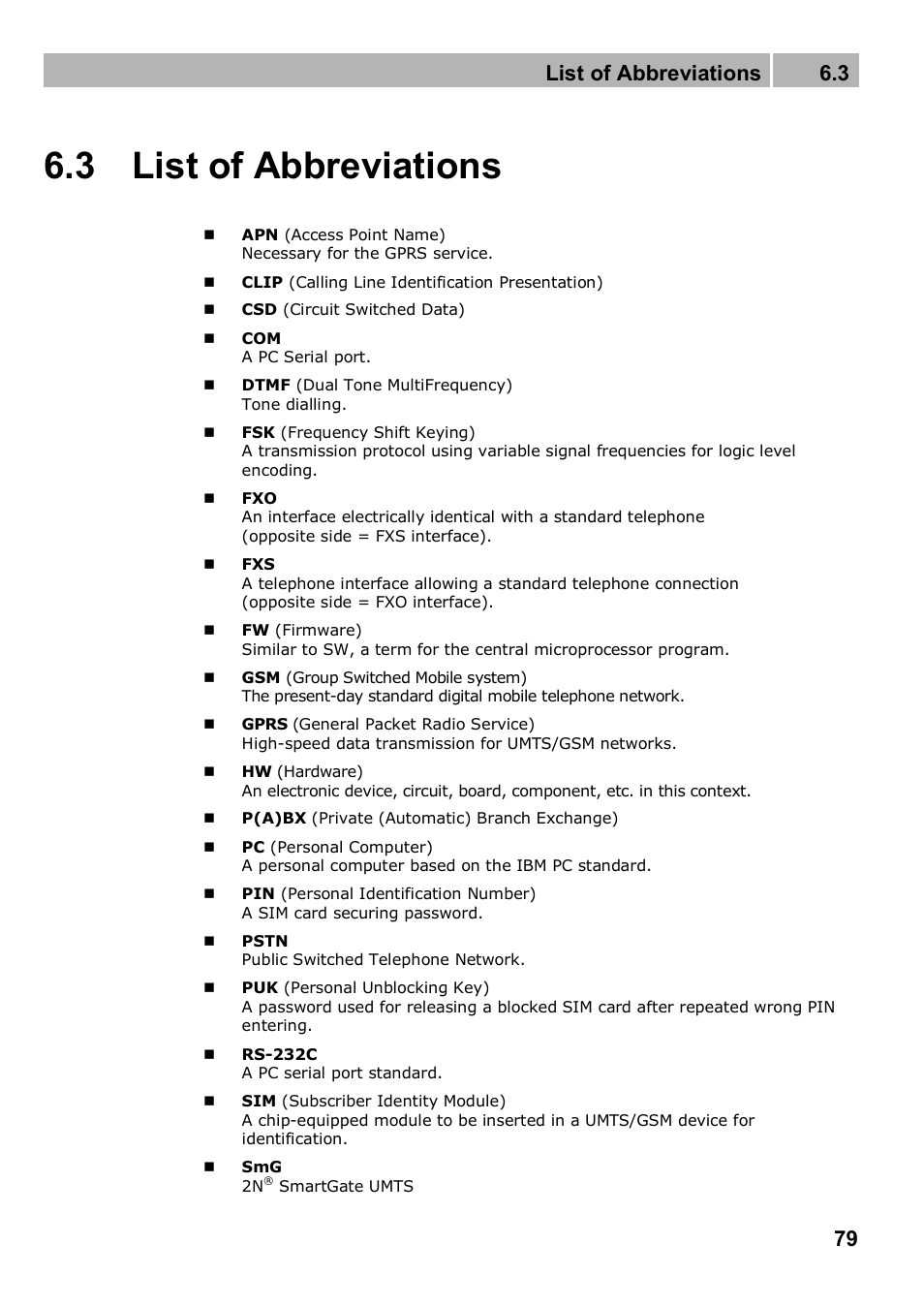 3 list of abbreviations, List of abbreviations 6.3 | 2N Analogue UMTS gateway 2N SmartGate UMTS - Manual, 1699 v1.1.0 User Manual | Page 79 / 83