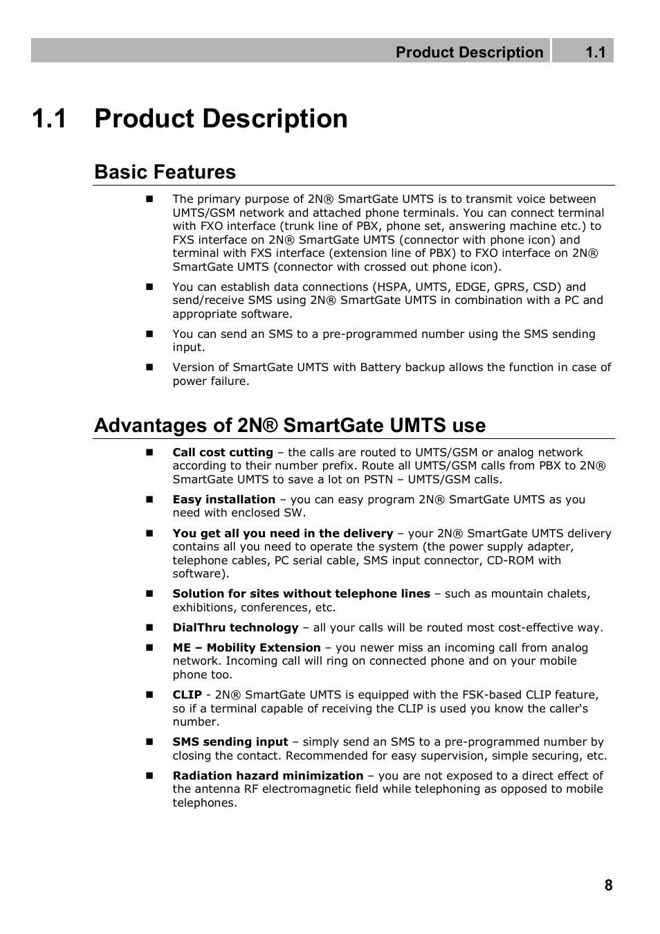 1 product description, Basic features, Advantages of 2n® smartgate umts use | Product description 1.1 | 2N Analogue UMTS gateway 2N SmartGate UMTS - Manual, 1699 v1.1.0 User Manual | Page 8 / 83