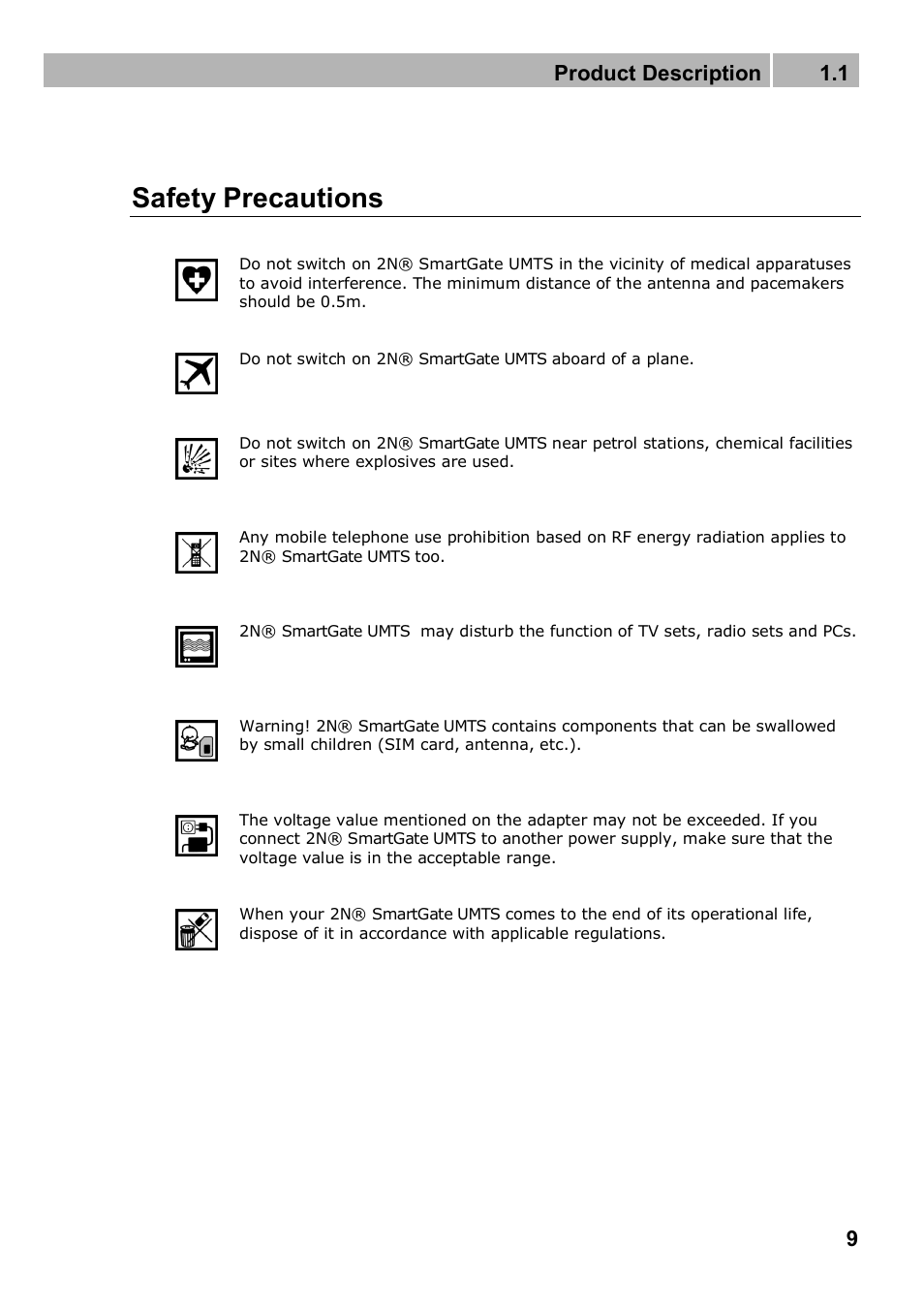 Safety precautions, Product description 1.1 | 2N Analogue UMTS gateway 2N SmartGate UMTS - Manual, 1699 v1.1.0 User Manual | Page 9 / 83