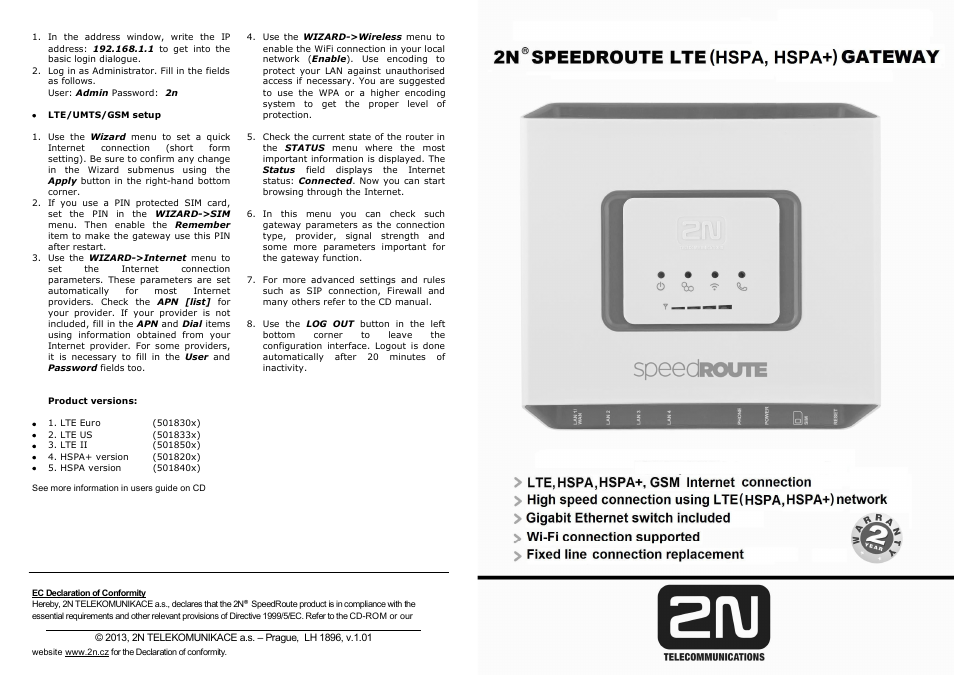 2N 4G wireless router 2N SpeedRoute - Quick start, 1896 v1.01 User Manual | 2 pages