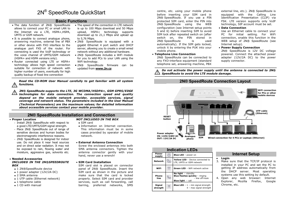 Speedroute quickstart, Basic functions, 2n® speedroute installation and connection | 2n® speedroute connection layout, Internet setup, Indication leds | 2N 4G wireless router 2N SpeedRoute - Quick start, 1896 v1.01 User Manual | Page 2 / 2