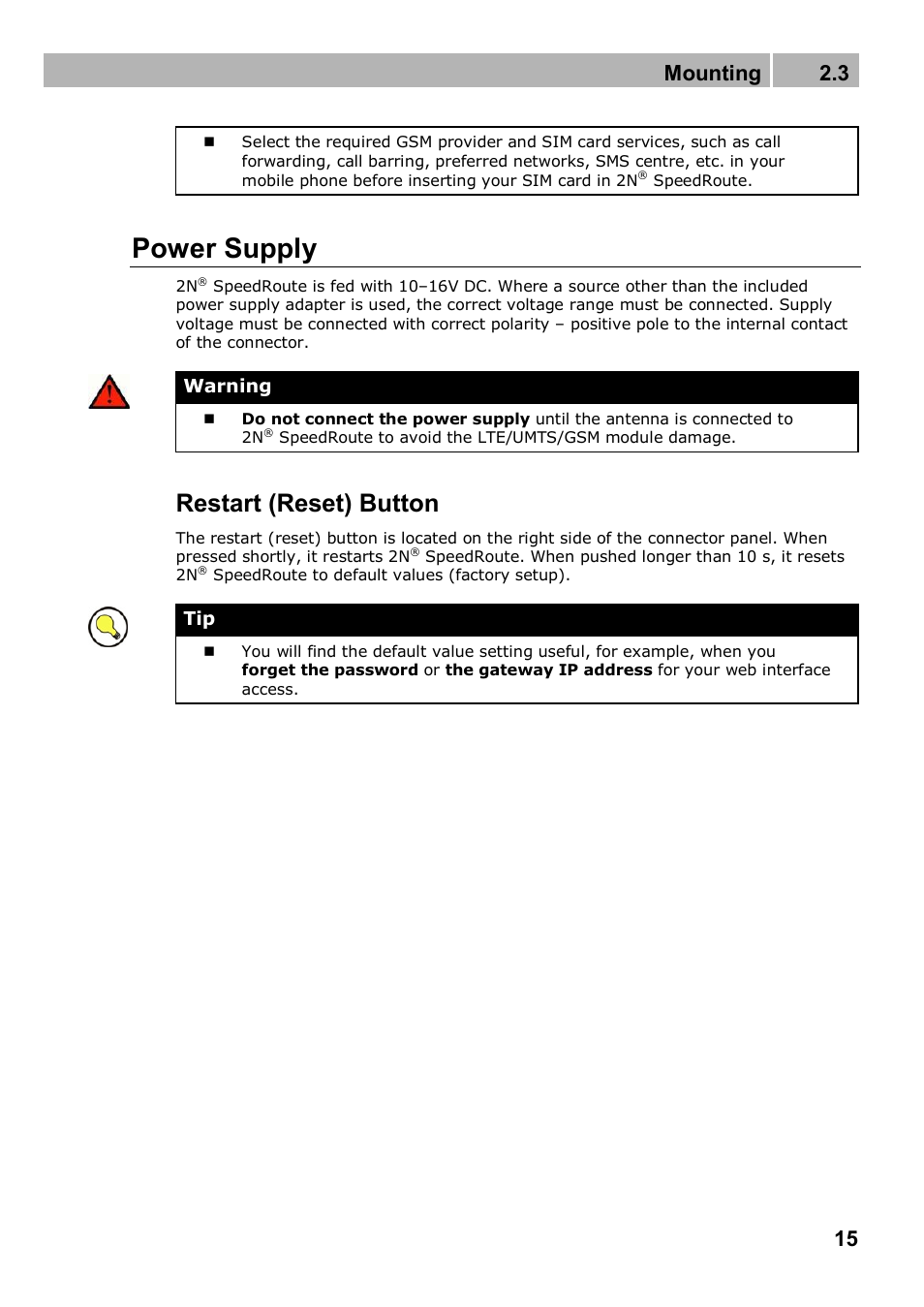 Power supply, Restart (reset) button, Mounting 2.3 | 2N 4G wireless router 2N SpeedRoute - User manual, 1898 v1.02 User Manual | Page 15 / 101