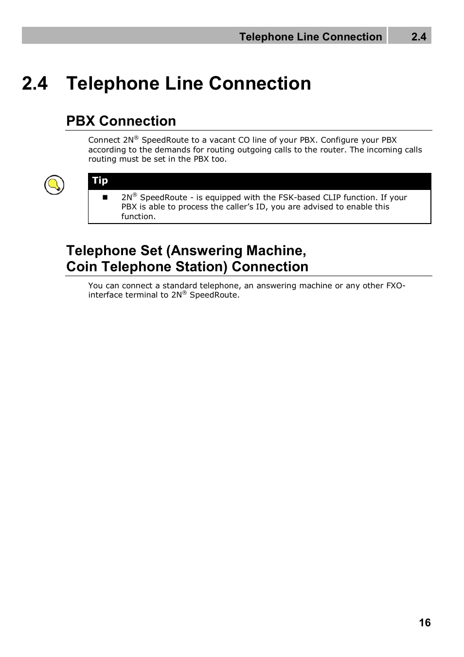 4 telephone line connection, Pbx connection, Telephone line connection 2.4 | 2N 4G wireless router 2N SpeedRoute - User manual, 1898 v1.02 User Manual | Page 16 / 101