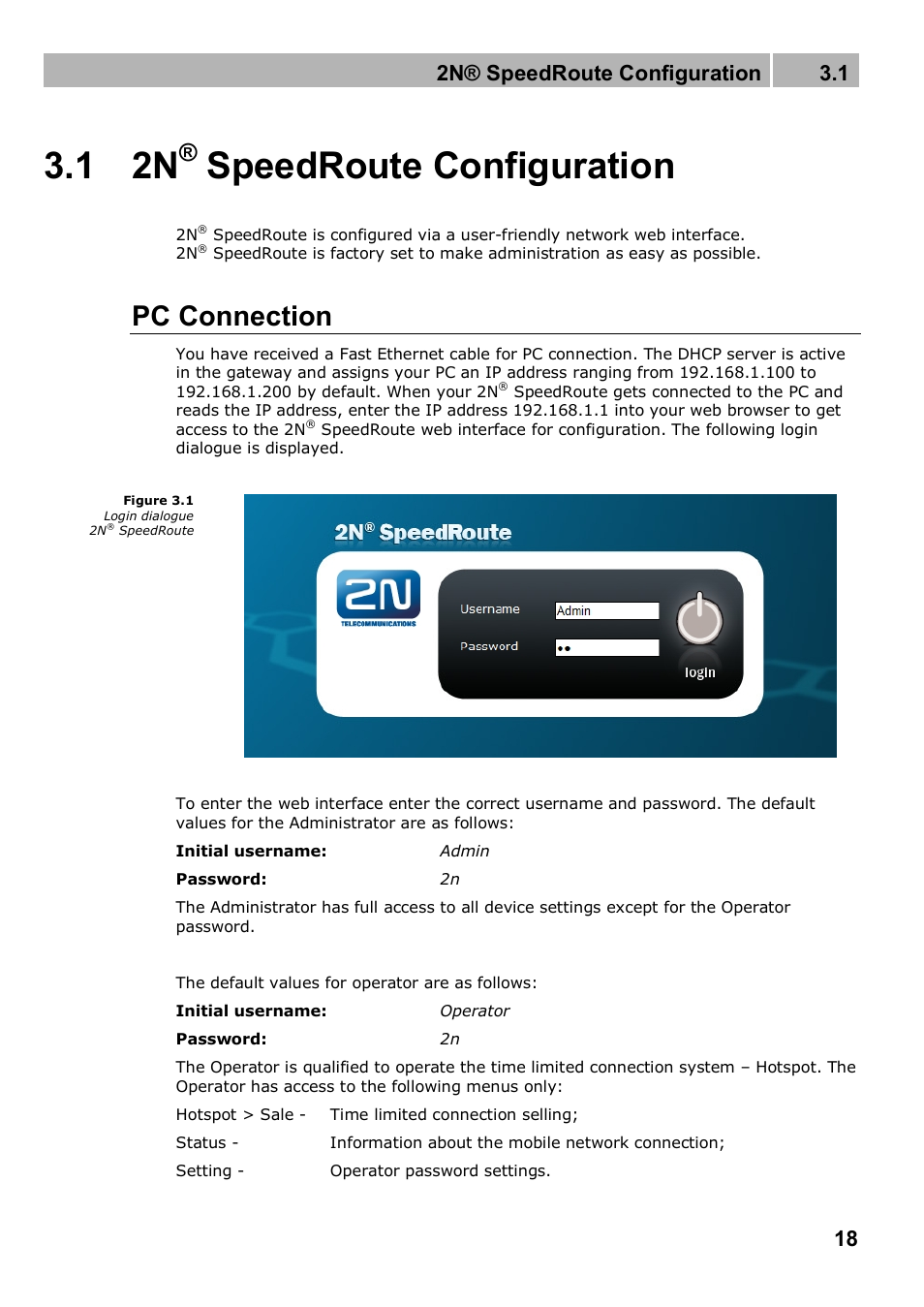 1 2n, Speedroute configuration, Pc connection | 2n® speedroute configuration 3.1 | 2N 4G wireless router 2N SpeedRoute - User manual, 1898 v1.02 User Manual | Page 18 / 101