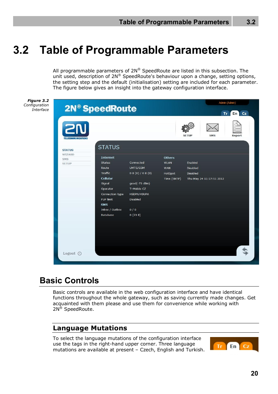 2 table of programmable parameters, Basic controls, Table of programmable parameters 3.2 | Language mutations | 2N 4G wireless router 2N SpeedRoute - User manual, 1898 v1.02 User Manual | Page 20 / 101