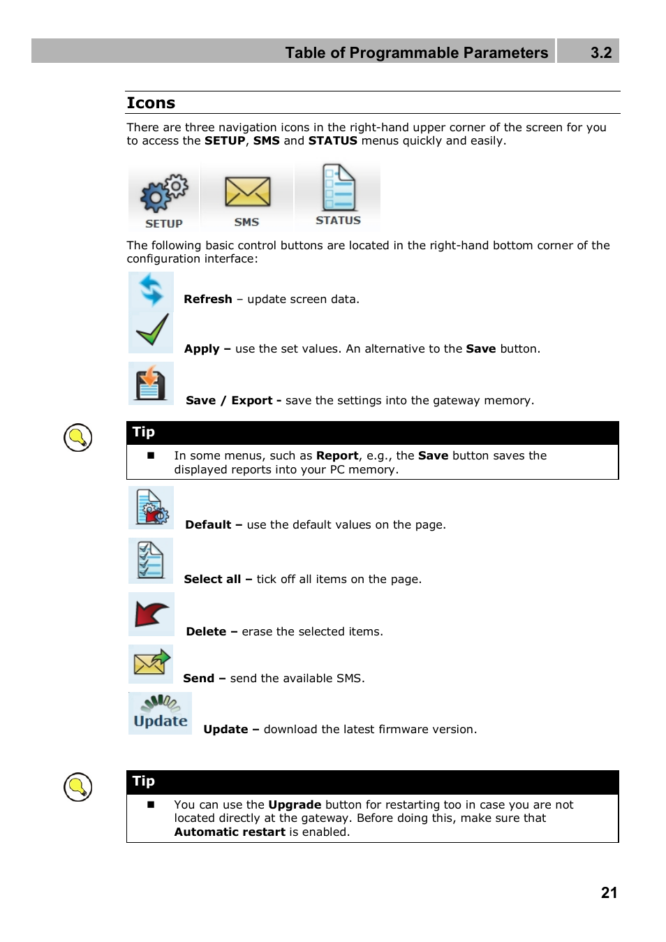 Table of programmable parameters 3.2, 21 icons | 2N 4G wireless router 2N SpeedRoute - User manual, 1898 v1.02 User Manual | Page 21 / 101