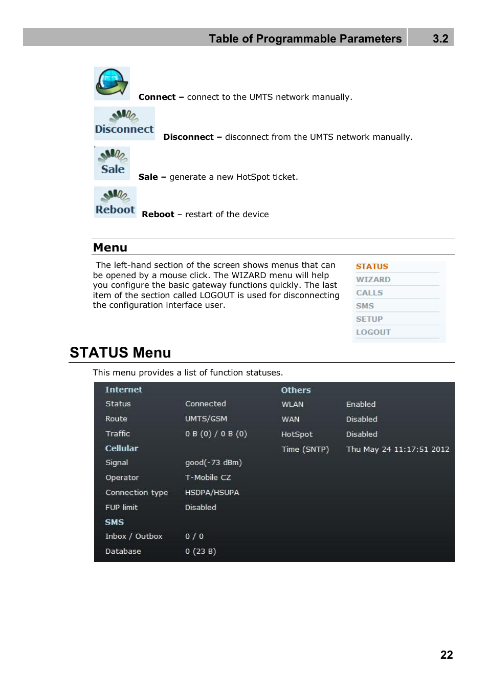 Status menu, Table of programmable parameters 3.2, Menu | 2N 4G wireless router 2N SpeedRoute - User manual, 1898 v1.02 User Manual | Page 22 / 101