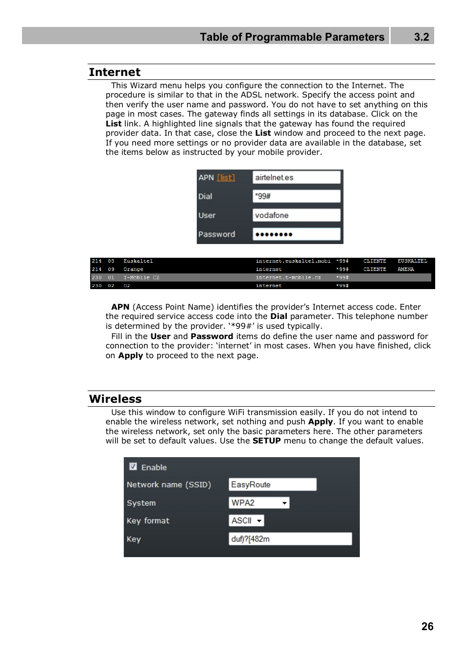 Table of programmable parameters 3.2, 26 internet, Wireless | 2N 4G wireless router 2N SpeedRoute - User manual, 1898 v1.02 User Manual | Page 26 / 101